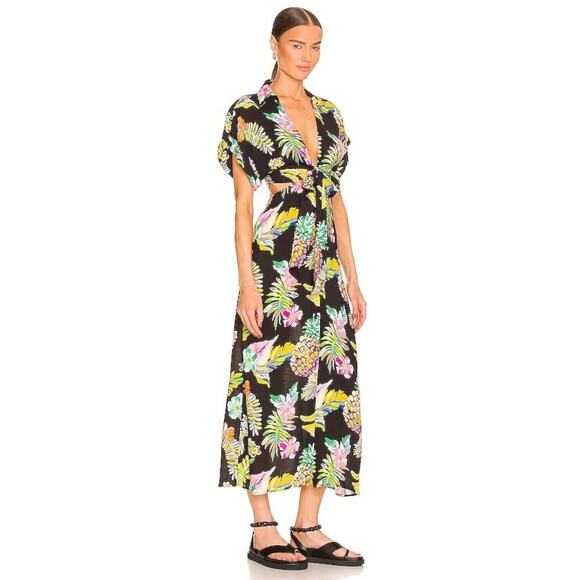 Le Superbe Revolve Mai Tai Might Black Tropi Cali Midi Dress Size 6 Fruit Floral - Picture 2 of 16